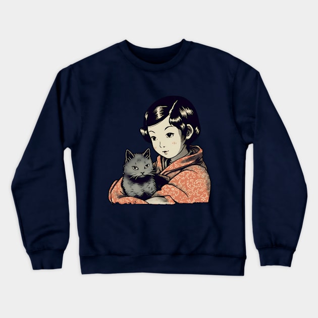 Lovely asian young girl with cat Crewneck Sweatshirt by KOTYA